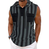 AIDASE  -  Striped Hooded Vest Men Sleeveless Pocket Drawstring Hoodie Tshirts Summer Fashion Outdoor Sports Tank Tops Coat Waistcoat aidase-shop