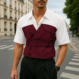 AIDASE  -  Men Shirt Patchwork Lapel Short Sleeve Lace Up Casual Men Clothing With Belt Streetwear 2025 Fashion Male Shirts Tops aidase-shop