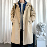 Aidase Men's Windbreaker Jacket Long Trench Oversize Loose Streetwear Hooded Vintage Black Coats High Street Casual Male Outerwear