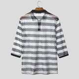 AIDASE  -  Men Shirt Striped Patchwork See Through Lapel Half Sleeve Hollow Out Male Shirts Streetwear Tops Fashion Men Clothing aidase-shop