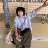 AIDASE  -  American Hollow Out Men's Shirt Contrast Color Retro Striped Top Summer Casual Fashion Male Short Sleeved Top aidase-shop