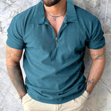 AIDASE  -  New Men's Solid Color Casual Corduroy Zipper Turn-down Collar Polo Shirt Men's Loose Breathability Short-sleeved T-shirt