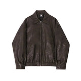 AIDASE  -  Mens Loose Fit Retro Short Leather Jacket Flared Collar Korean Style Trendy Distressed Coat Spring Fashion winter jacket men aidase-shop