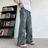 AIDASE  -  Washed Denim Jeans Men's American Style Long Pants Hole Loose Wide Leg Jeans Youth Casual Summer Jeans aidase-shop
