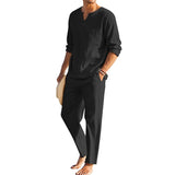AIDASE  -  Men s Summer Cotton Linen Clothes Solid Color Long Sleeve Henley Shirt Elastic Waist Drawstring Pants 2 Pieces Loungewear Set aidase-shop