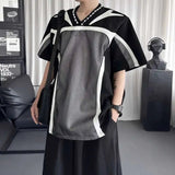AIDASE  -  Grid Patchwork Men's T-shirt Contrast Color Shoulder Padded Round Neck Short Sleeve Design Sports V-neck Tees Tide 21E6624 aidase-shop