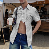 AIDASE  -  Men Striped Shirt Lapel Short Sleeve Tie Up Casual Men Clothing Summer Shirts Streetwear 2025 Fashion Male Tops S-5XL aidase-shop