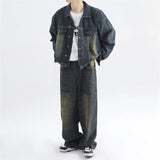 Aidase American Retro Vintage Denim Lapel Jacket Men's Hight Street Drape Wide Leg Jeans Hip Hop Trousers Suit/single Piece aidase-shop