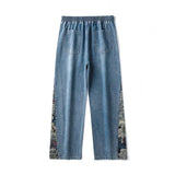 New Men's Jeans Baggy Bear Printed Wide Leg Pants Men's Hip Hop Street Loose Denim Pants Elastic Waist Lace Up Casual Pants aidase-shop