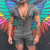 Aidase Fashion Mens Jumpsuit Shirts Overalls Casual Beach Catsuit Vintage Zipper Short-sleeved Shorts Bodysuit Sports Uniform Playsuit
