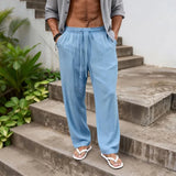 AIDASE  -  Men's Casual Solid Color Linen Feel Drawstring Wide Leg Pants Beach Trousers aidase-shop