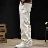 AIDASE  -  White Workwear Thigh Patch Jeans Men's New Woodcutter Rivet Straight Denim Pants Spring Autumn American Retro Cotton Cargo Pants aidase-shop