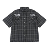 Aidase Letter Embroidery Loose Safari Short Sleeve Shirt Mens Summer Streetwear Lapel Casual Plaid Shirt Men