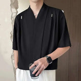 AIDASE  -  Summer New Ice Silk Drape Mid Sleeved Men's Shirt V-neck Korea Fashion Casual Male Tops Loose aidase-shop