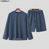 AIDASE  -  Men Striped Sets Vintage Long Sleeve T Shirts & Shorts Two Pieces Sets Streetwear Loose Korean Style Fashion Men Suits aidase-shop