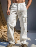 AIDASE  -  Men's Khaki Linen Cargo Pants Loose Straight Leg Multi-pocket Casual Trousers aidase-shop