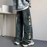 AIDASE  -  American Style Men's Jeans Trendy High Waist Washed Side Big Ripped Straight Wide Leg Design Fashion Denim Pants 21E7423 aidase-shop