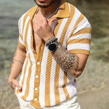 Aidase Knitted Shirts Men Fashion Hollow Out Breathable Beach Cardigan Shirt Short Sleeve Men Summer Button Lapel Casual Knit Shirts aidase-shop