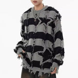 Aidase American Street Fashion Retro Trend Tassel Star Stripe Hole Sweater Unisex Autumn Winter High Quality Casual Loose Warm Sweater