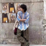 AIDASE  -  American Hollow Out Men's Shirt Contrast Color Retro Striped Top Summer Casual Fashion Male Short Sleeved Top aidase-shop