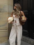 AIDASE  -  Cotton Linen Striped Strap Vest Pants Suit Women Elegant Commuter Sleeveless Deep V Two Piece Set 2025 New Summer Street Outfit aidase-shop