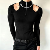 AIDASE  -  Men T Shirt Solid Zipper Knitted Off Shoulder Turtleneck Long Sleeve Male Tee Tops Streetwear Fashion Casual Camisetas
