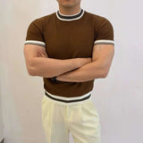 AIDASE  -  Light Luxury Ice Silk Knitted Contrast Color Round Neck Pullover Men's T-shirt Business Gentleman Male Tops aidase-shop