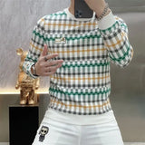 Aidase  Men Clothing Trendy Plaid Print Business Casual Slim Sweatshirts Male Korean Round Neck Long Sleeve Slim Pullover Tops Sudadera