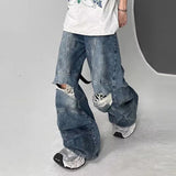 AIDASE  -  American Style High Street Ripped Jeans Men's Loose Wide Leg Floor Length Pants Fashionable Straight-leg Trousers aidase-shop