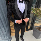 AIDASE  -  Black Men Suits 3 Pieces Shiny Blazer Vest Pants One Shoulder Sheer Lapel Sequins Tuxedo Wedding Formal Work Causal Customized aidase-shop