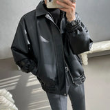 Aidase Boys Beige Long Sleeve Leather Jacket Loose Black Oversized Leather Motorcycle Jackets Xxl Zip Up Outerwear Man Moto Biker Coat aidase-shop