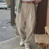 AIDASE  -  Fashionable Mens Suit Trousers Streetwear Vintage Solid Color Pleated Loose Straight Pants Spring Casual Buttoned Trousers