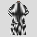 AIDASE  -  Men's Striped Rompers Streetwear Fashion Casual Playsuits Short Sleeve Button Lapel Jumpsuits Drawstring Boxers Shorts Bodysuits aidase-shop