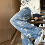 Aidase  Mens Fashion Floral Printed Jeans Korean Style Autumn Denim Pants High Street Loose Trousers Hip Hop Wide-leg Jean Pants