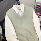 AIDASE  -  Japanese Vintage Style Patchwork Knit Shirt Sweater Men Loose Overhead Fake Two-Piece Knitted Base Shirt Jacket for Couples aidase-shop