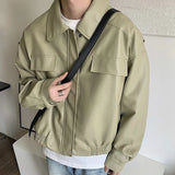 Aidase Men's Casual Texture PU Leather Jacket High Street Zippers Turn-down Collar Long Sleeve Retro Coat with Pocket Spring Autumn aidase-shop