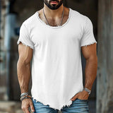 AIDASE  -  Men's Vintage Washed Frayed Edge Soft T-Shirt Casual Deep U-Neck Irregular Hem Short Sleeve Tee Loose Fit Streetwear Summer Tops aidase-shop
