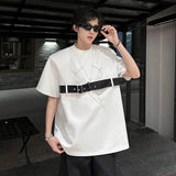 AIDASE  -  American Style Men T-shirt Niche Belt Deconstruction Design Shoulder Pad Short Sleeved Round Neck Casusal Male Tops aidase-shop