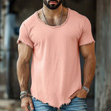 AIDASE  -  Men's Vintage Washed Frayed Edge Soft T-Shirt Casual Deep U-Neck Irregular Hem Short Sleeve Tee Loose Fit Streetwear Summer Tops aidase-shop