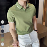 Aidase Business Casual Solid Color Men's Polo Shirt, 2024 Summer Classic, Men Short Sleeve V-neck T-shirt, Slim Fit Spliced Polo 4XL-M aidase-shop
