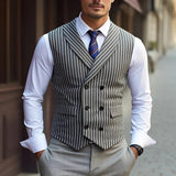 AIDASE  -  Trendy Slim Fit Mens Waistcoats Spring Casual Turn-down Collar Double-breasted Vest Jacket For Men Autumn Vintage Striped Coats aidase-shop