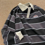 29.56 Aidase 2024 Japan Retro Striped Long-sleeved  Shirt Top Men Women Loose Trend Couple BF Lapel Sweatshirt Preppy Hip Hop Cool Shirts aidase-shop