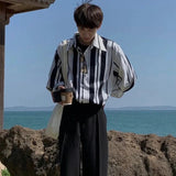 AIDASE  -  Green Striped Shirt Men Long-sleeve Blouse Handsome Hong Kong Style Print Blouse Streetwear Loose Spring Autumn Jacket aidase-shop