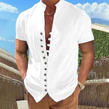 Aidase New 100% Cotton Linen Vintage Shirts Mens Short Sleeve Stand Collar  Casual Male Blouse Summer Retro Shirt Top Men Clothing