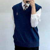 AIDASE  -  Fashion Simple Pullover Sweater Vest for Men College Style Navy Blue Letter V-neck Knitted Sweater Vest All-match Inner Wear aidase-shop
