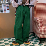 Aidase Fall Winter Corduroy Green Pants Men Striped Wide Leg Casual Slacks High Rise Trousers Holiday Party Vintage Clothes