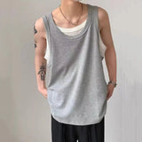 AIDASE  -  Fake Two-Piece Spliced Men Vest Summer New Korean Style Casual Contrast Color Sports Sleeveless Round Neck Tops