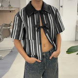 AIDASE  -  Men Shirt Striped Patchwork Lapel Short Sleeve Lace Up Men Clothing Summer Loose Streetwear Fashion Casual Tops Men aidase-shop