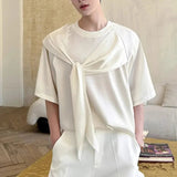 AIDASE  -  Men's T-shirts New Summer Cutting Tie Ribbon Design Round Neck Short Sleeve Solid Color Male Loose Clothing 2025 9W2125 aidase-shop