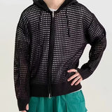 Aidase Hollow Out Knitted Hoodie Mens Jacket Loose Hooded Cardigan Spring Autumn Fashion Casual Knit Zip-Up Sweater Tops Streetwear